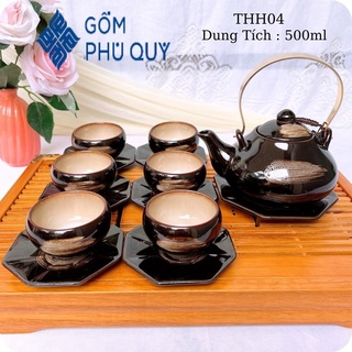 Bộ Ấm Trà 🎁 Gốm Sứ Bát Tràng 🎁 Bộ Ấm Chén,rùa Xước Hoả Biến Decor Cao Cấp Gomphuquy Thh04