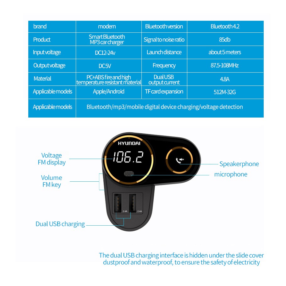 Bộ phát sóng FM trên ô tô Máy nghe nhạc MP3 Bộ sạc nhanh 4.8A Cổng USB kép Thẻ nhớ SD Nắp trượt Rảnh tay