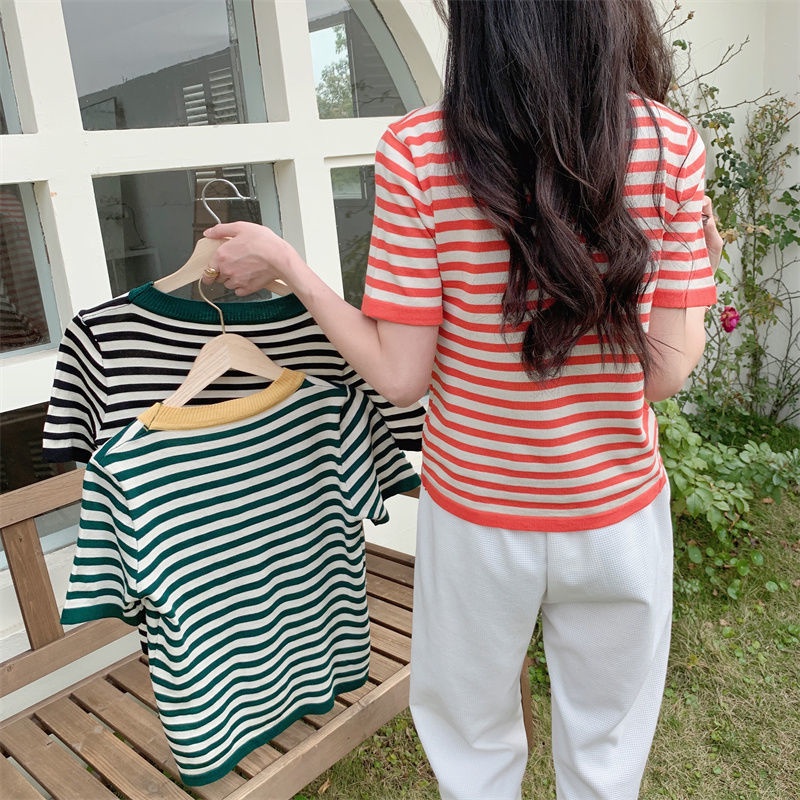 Áo Sweater Dệt Kim Phối Màu Tương Phản Có Túi Nhỏ Họa Tiết Kẻ Sọc Màu Tương Phản Phong Cách Hàn Quốc Mới