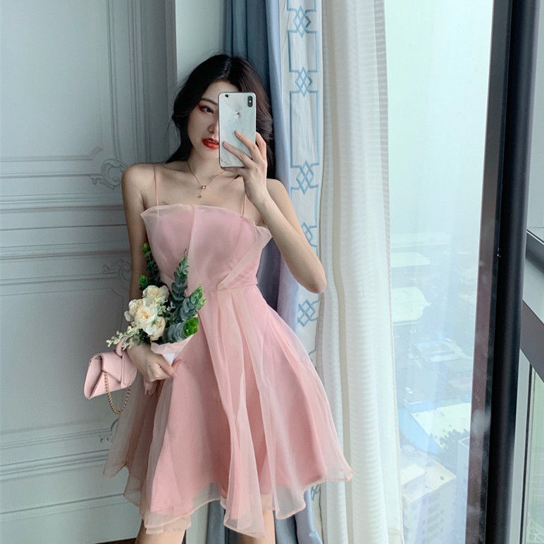 UIOWOO  Đầm Hai Dây Dáng Ngắn Chiết Eo Phong Cách Thời Trang Phương Tây Dành Cho Nữ