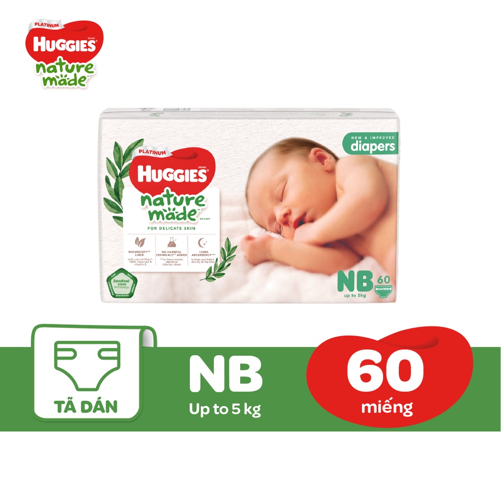 Tã Dán Huggies Platinum Nature Made Size NB60/S82/M64/L54/XL44/XXL36