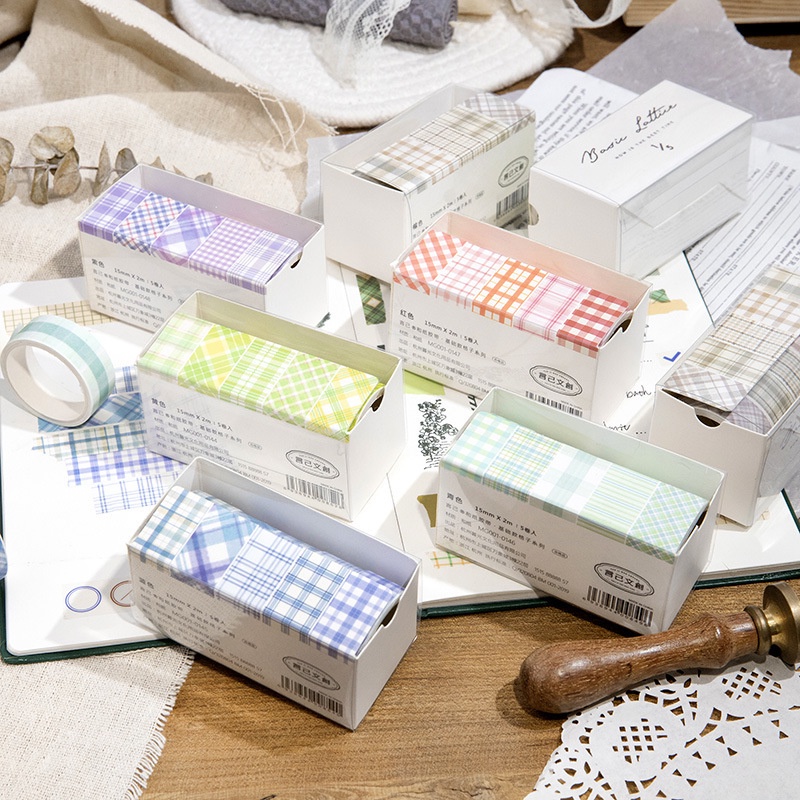 Bộ 5 Cuộn Băng Keo Washi Màu Pastel Sọc Caro MOHAMM