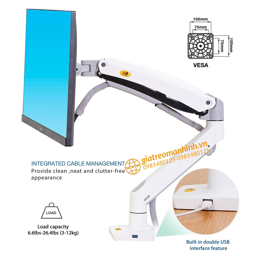 Giá Treo Màn Hình NB-F100A Tải Trọng 12 Kg / Tương Thích Màn 27-34 Inch  - Phiên Bản Màu Trắng