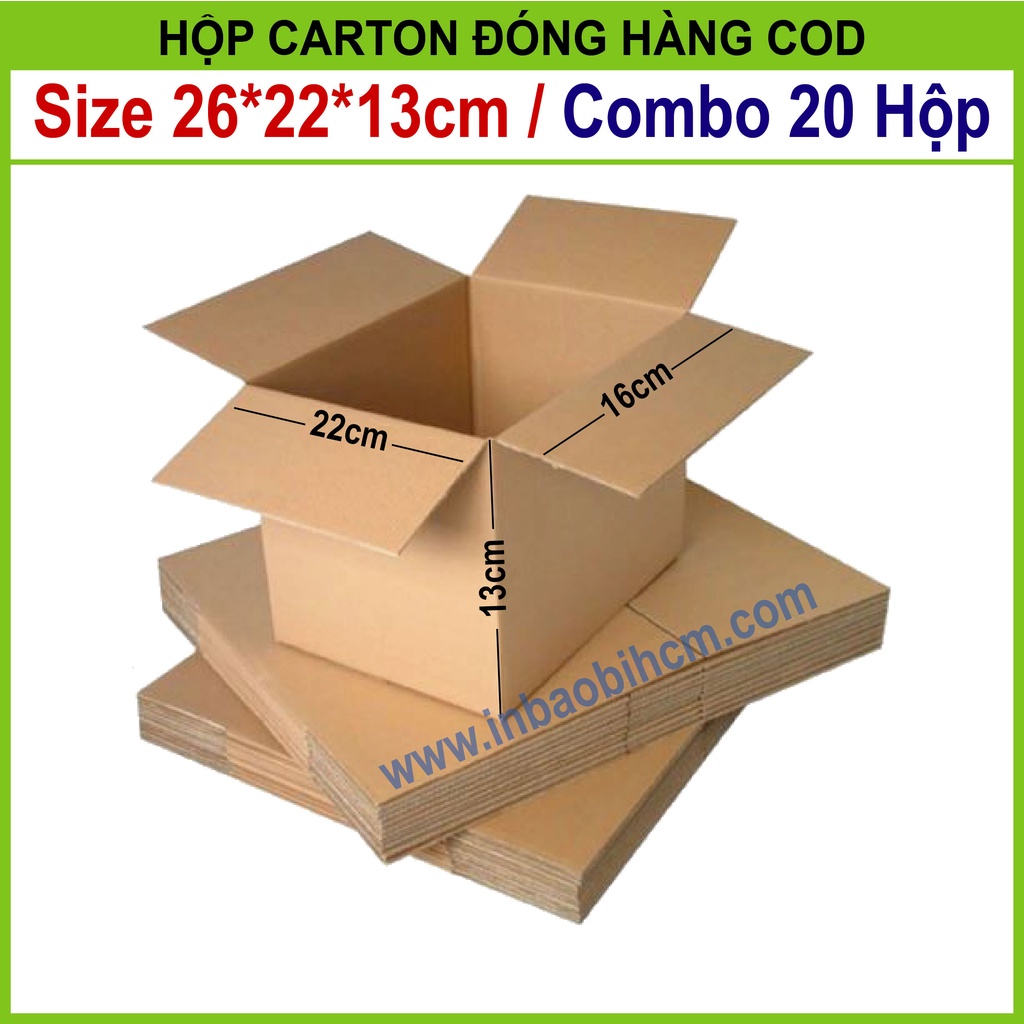 20 Hộp đóng hàng 26x22x13 cm, Hộp carton dày, Cứng cáp, Chuẩn Ship COD, Thùng carton, Hộp giấy giá rẻ, Inbaobi.HCM