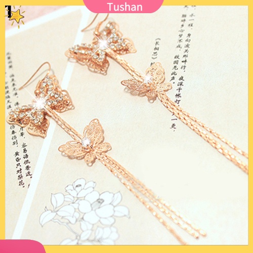 Cặp khuyên tai dây tua dài hình bướm đính đá thời trang cho nữ