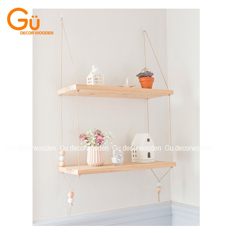 Gía Treo Trang Trí Phòng Ngủ  / Kệ Gỗ Dây Thừng 2 tầng - Gu Decor Wooden Trang Trí Nhà Cửa