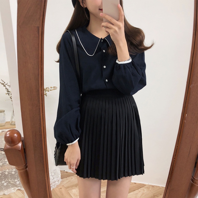 Áo Sơ Mi Tay Dài Phồng Cổ Bẻ Dáng Rộng Cài Khuy Kiểu Retro Hàn Quốc Thời Trang Cho Bạn Gái