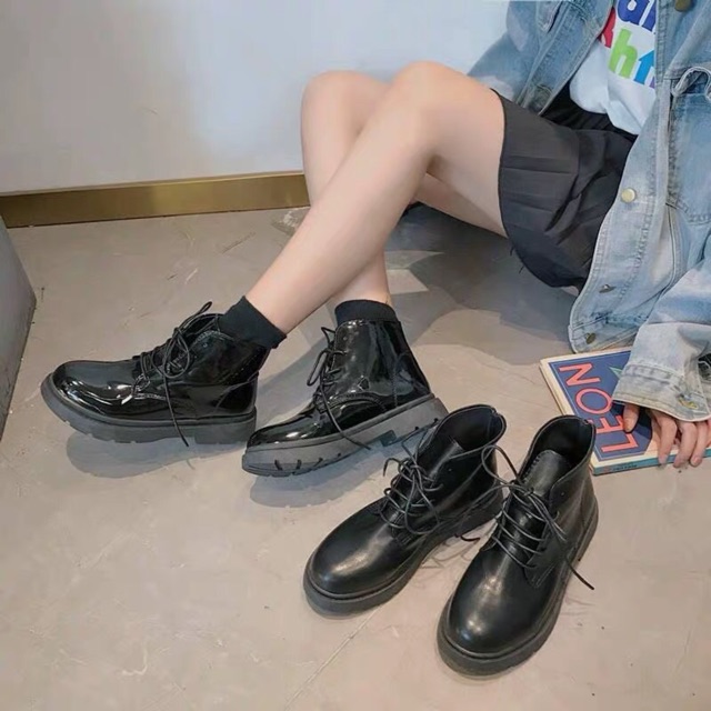 [san 37,39] GIÀY BOOT ULZZANG CAO CỔ DA LÌ DA BÓNG Giày cao cổ da buộc dây ulzzang Hàn Quốc