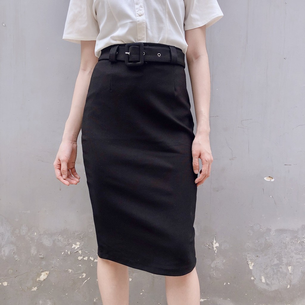 Chân váy công sở dài bigsize kèm belt màu đen dài 63cm [size từ 48-85kg] | BigBuy360 - bigbuy360.vn