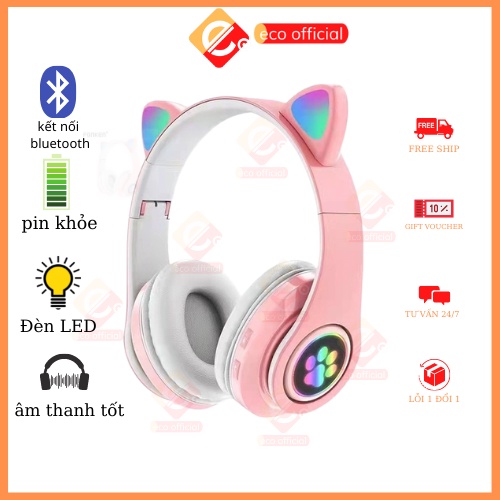 Tai Nghe Mèo Kết Nối Bluetooth Chụp Tai,Headphone Tai Mèo Dễ Thương Có Mic tai nghe có đèn led chống ồn cao cấp