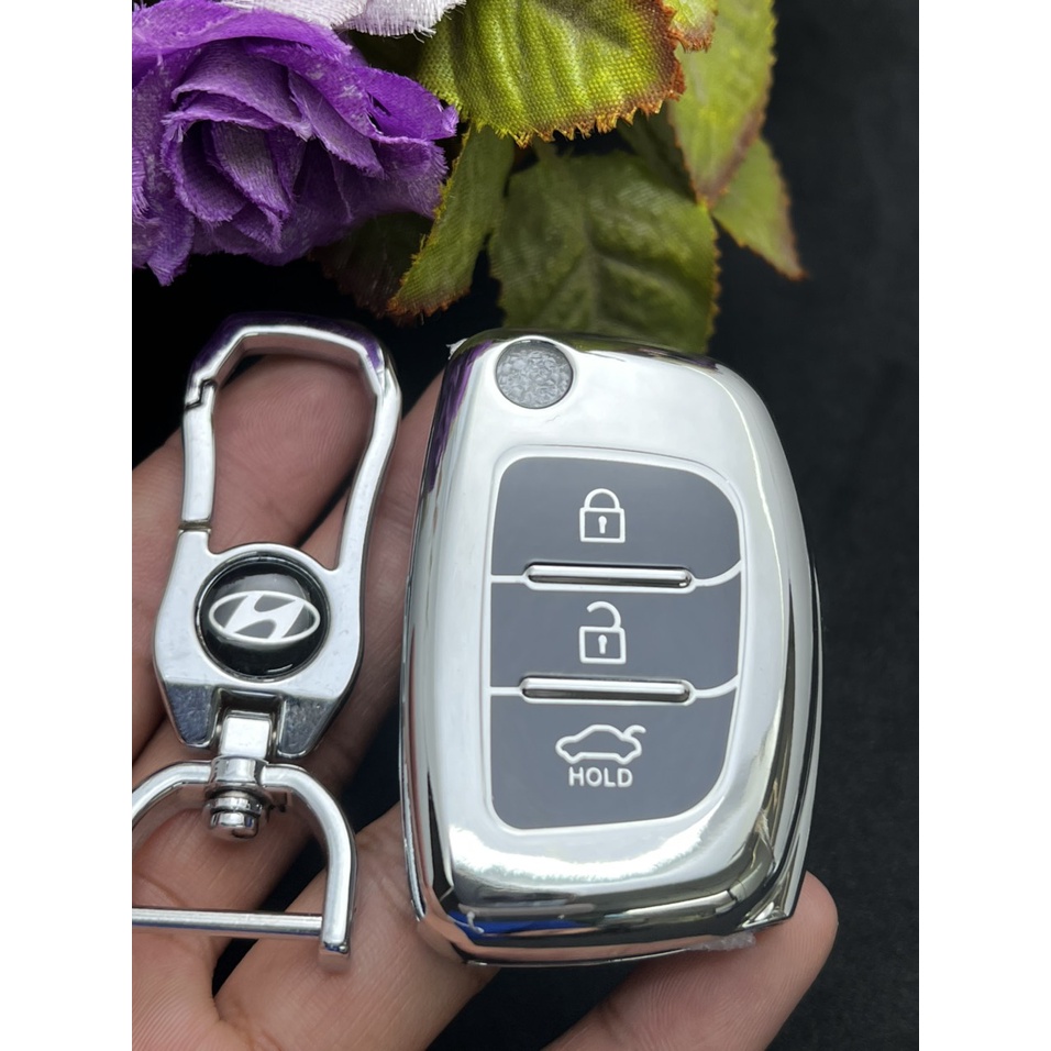 Ốp chìa khóa TPU Mạ Inox xe ô tô HUYNDAI Accent, i10, Elantra phiên bản chìa bật (có chìa)