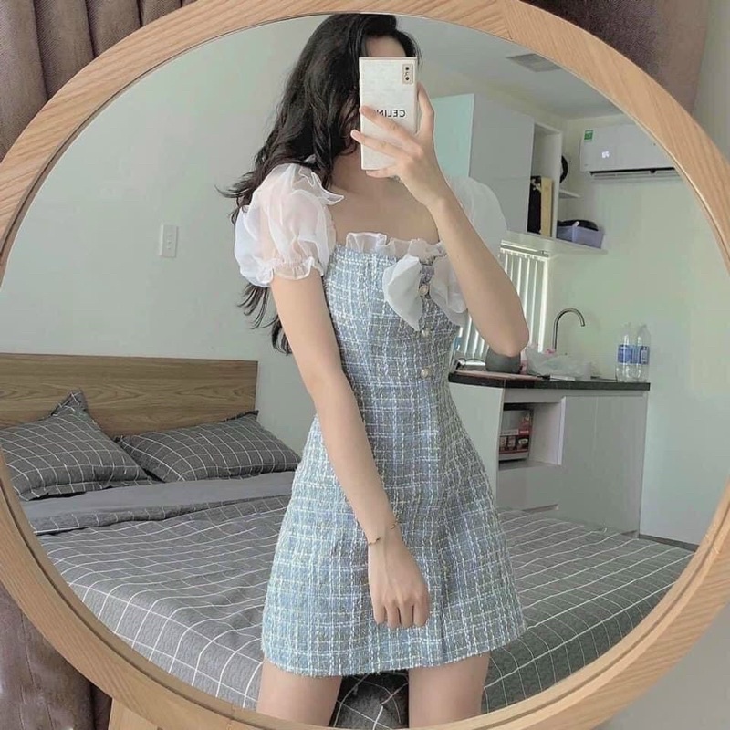 váy dạ bố cổ nơ tay phồng - đầm bố trễ vai tiểu thư
