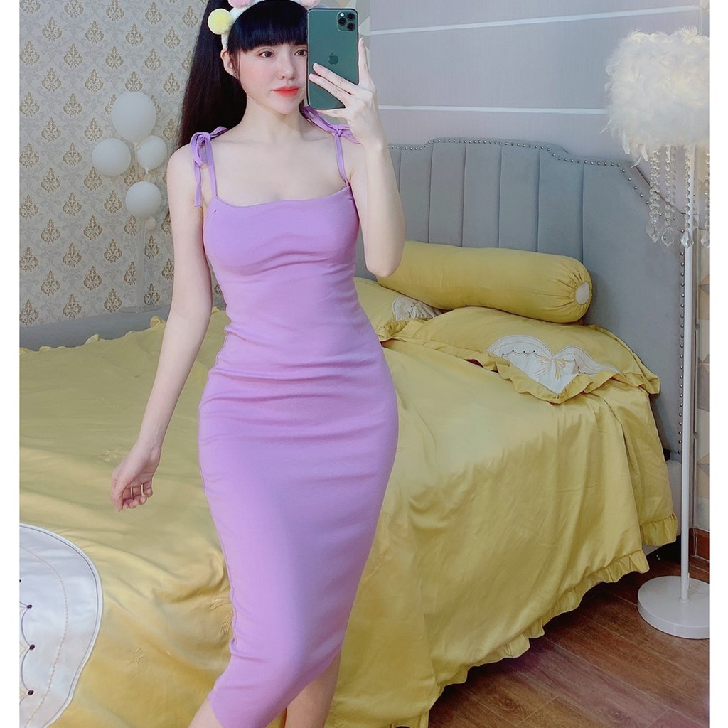 Đầm hai dây cột nơ vai ôm body cực xinh
