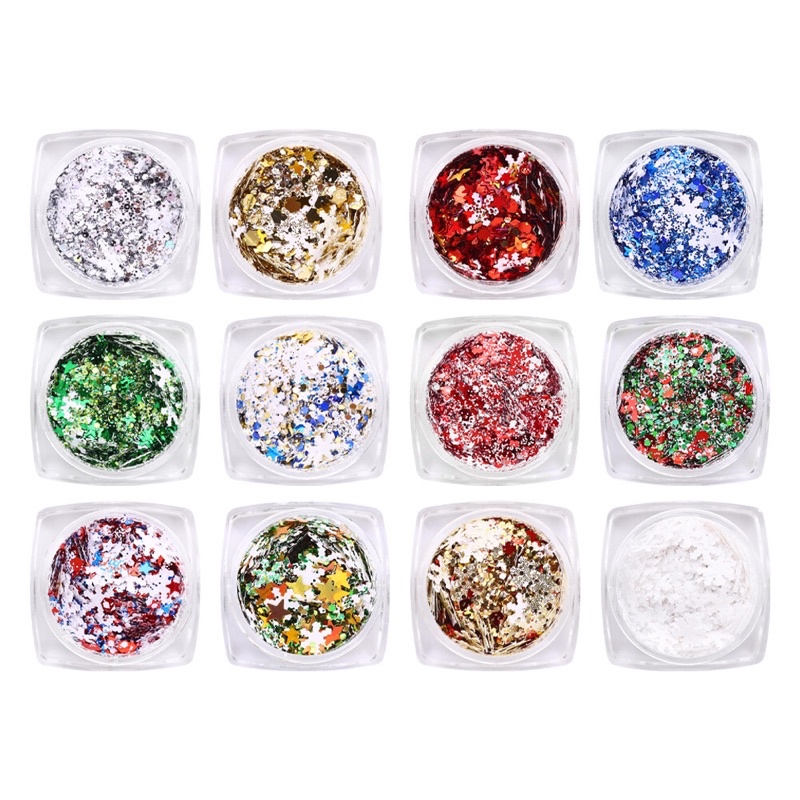 Set 12 màu nhũ mắt, nhũ kim tuyến trang trí móng Kira Gritter hoa tuyết, ngôi sao | BigBuy360 - bigbuy360.vn