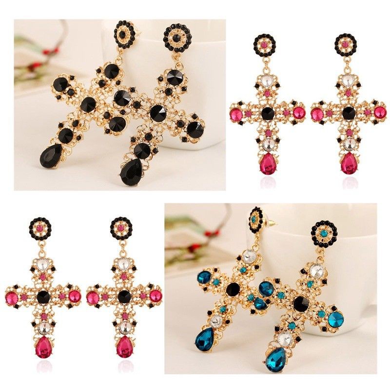 Hoa tai dáng dài mặt chữ thập đính đá phong cách cổ điển