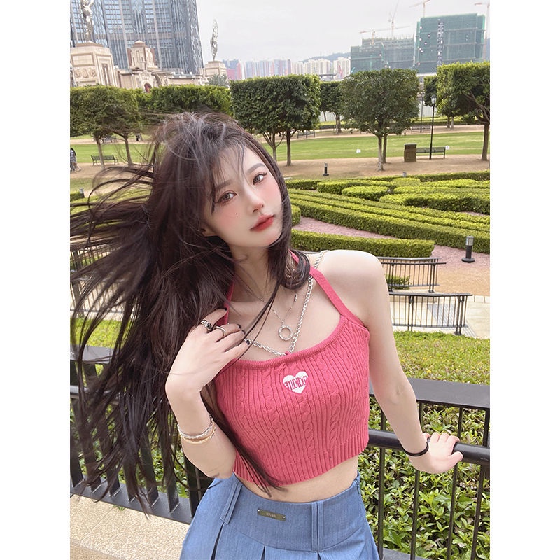 Jiashucheng Áo Hai Dây Dệt Kim Ngắn Ôm Dáng Phong Cách Desire Thời Trang Mùa Hè Quyến Rũ Nóng Bỏng Cho Nữ