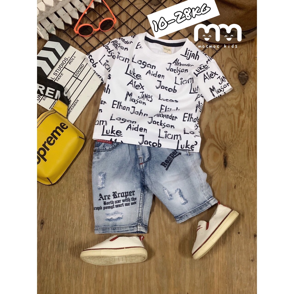 Set đồ bé trai phong cách Hàn Quốc cao cấp áo thun polo quần short jeans co dãn thấm mồ hôi tốt cho bé 9kg đến 23kg