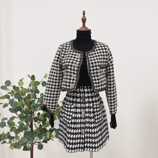 Set áo dạ tweed dáng ngắn kèm chân váy len chư A Hàn Quốc