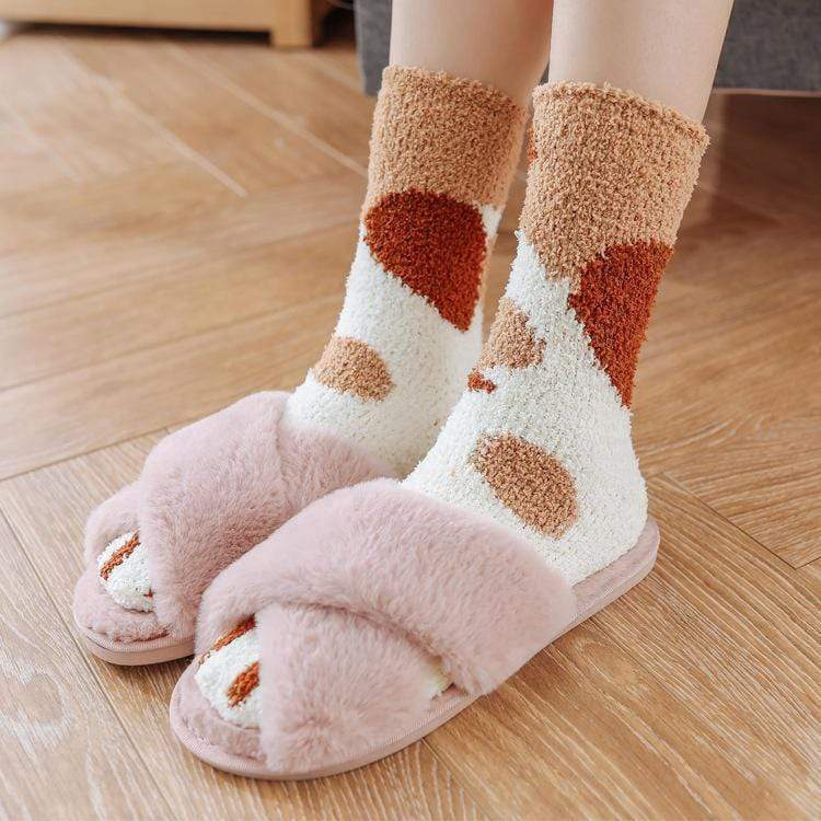 Vớ ngủ cao qua mắt cá chân bằng vải bông san hô dày họa tiết móng mèo đáng yêu giữ ấm mùa đông cho nữ