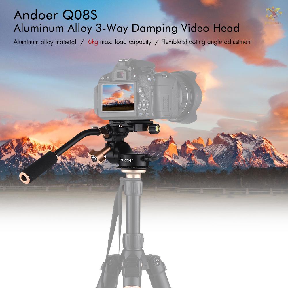 ET Andoer Q08S Aluminum Alloy 3-Way Damping Video Head Tripod Head with Pan Bar Handle Support 360° Panoramic Shooting 1/4&quot; Screw Mount 3/8&quot; Screw Hole for DSLR ILDC Camera for Tripod Monopod Max. Load 6kg