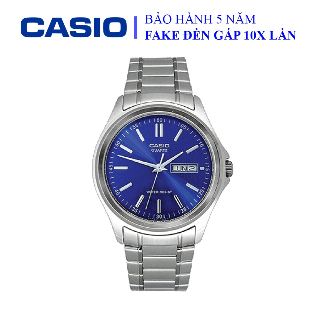 Đồng hồ Casio nam dây sắt thể thao, mặt xanh viền bạc sang trọng, chống nước WR30M đi bơi (MTP-1239D-2ADF)