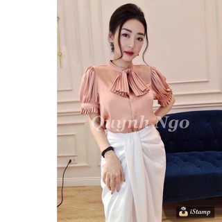 Bán sỉ Aó sơ mi lụa cộc tay nơ xếp ly
