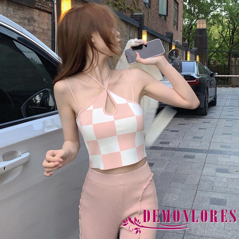 Áo Hai Dây Cổ Chữ V Màu Sắc Tương Phản Họa Tiết Sọc Caro Thời Trang Quyến Rũ Cho Nữ