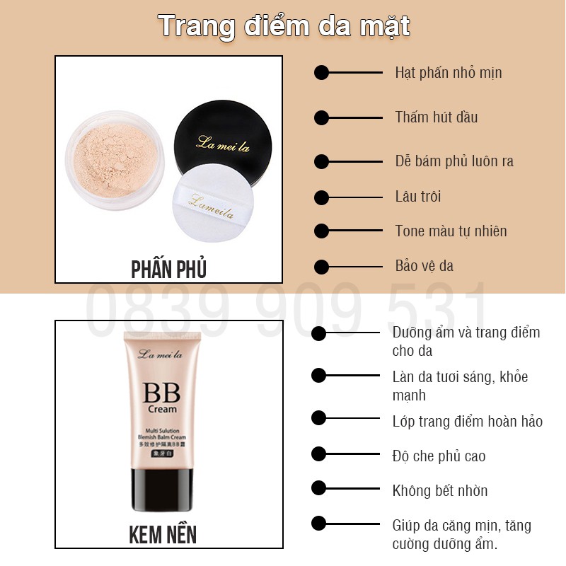 Bộ trang điểm đầy đủ Lameila 7 món kem BB phấn phủ phấn mắt mascara chì kẻ mày kẻ mắt son kem Hatola