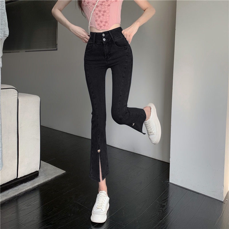 Jiashucheng Quần Jean Ống Loe Dài Tới Mắt Cá Chân Eo Cao Ôm Dáng Thiết Kế Xẻ Tà Phong Cách Mùa Hè Mới Cho Nữ