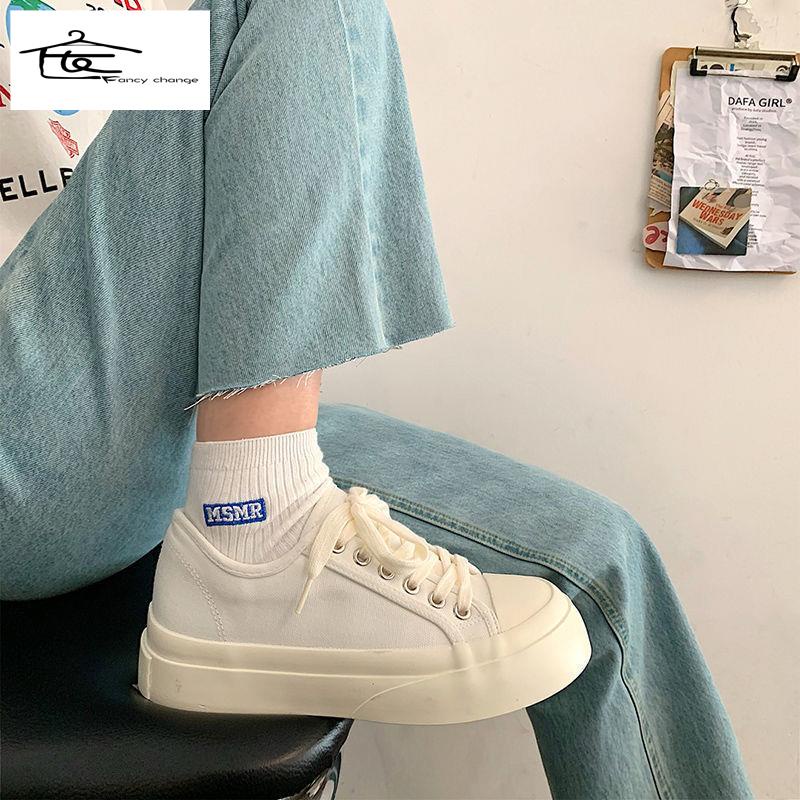 Giày Canvas Mũi Tròn Đế Dày Tăng Chiều Cao Phong Cách Nhật Bản Dễ Phối Đồ