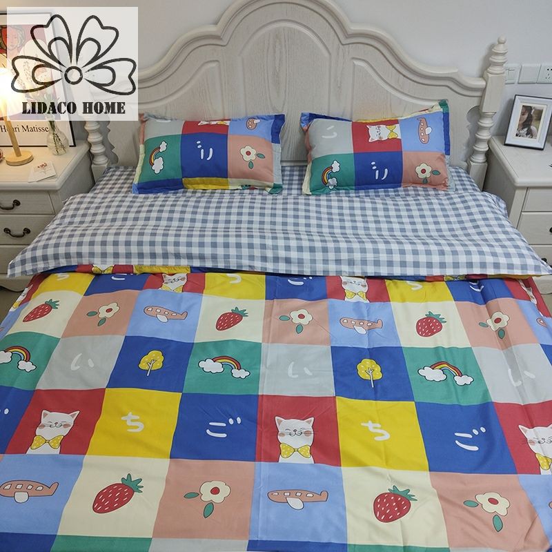 Bộ chăn ga gối cotton Lidaco - Kẻ Ô Mèo (SP001216)