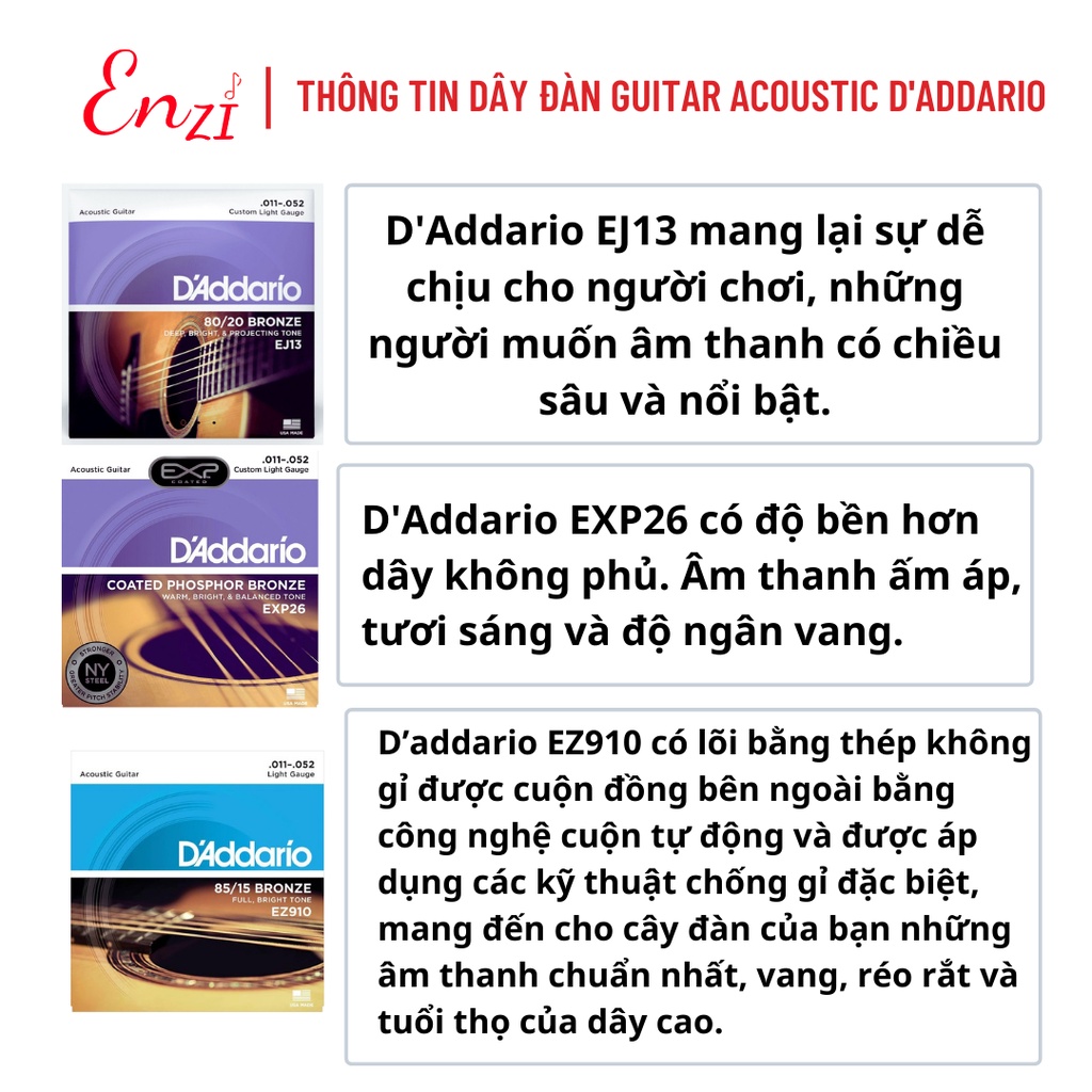 Dây đàn guitar acoustic D'addario EZ900 EJ13 EXP26 EZ910 EZ920 dây guitar sắt chất lượng Enzi