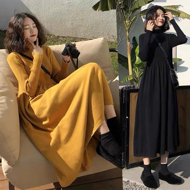 Váy len cổ cao dáng babydoll xòe dài điệu đà nhẹ nhàng mùa đông  nhiều màu