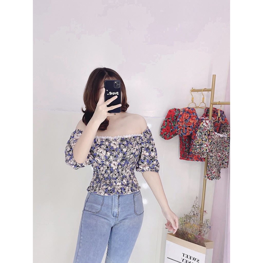 Áo Kiểu Voan Hoa Nhí Thân Nhún Tay Ngắn Bẹt Vai Thời Trang TTSA0558