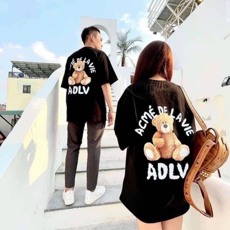 Áo thun tay lỡ dáng rộng in gấu siêu iu Trắng- đen