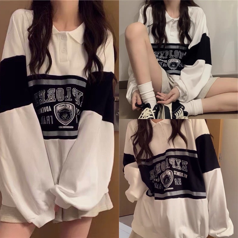 Áo Thun Polo Phối 3 Màu Tay Dài Form Rộng Nam Nữ Ulzzang Hàn Quốc(Ảnh Thật/Có Sẵn)