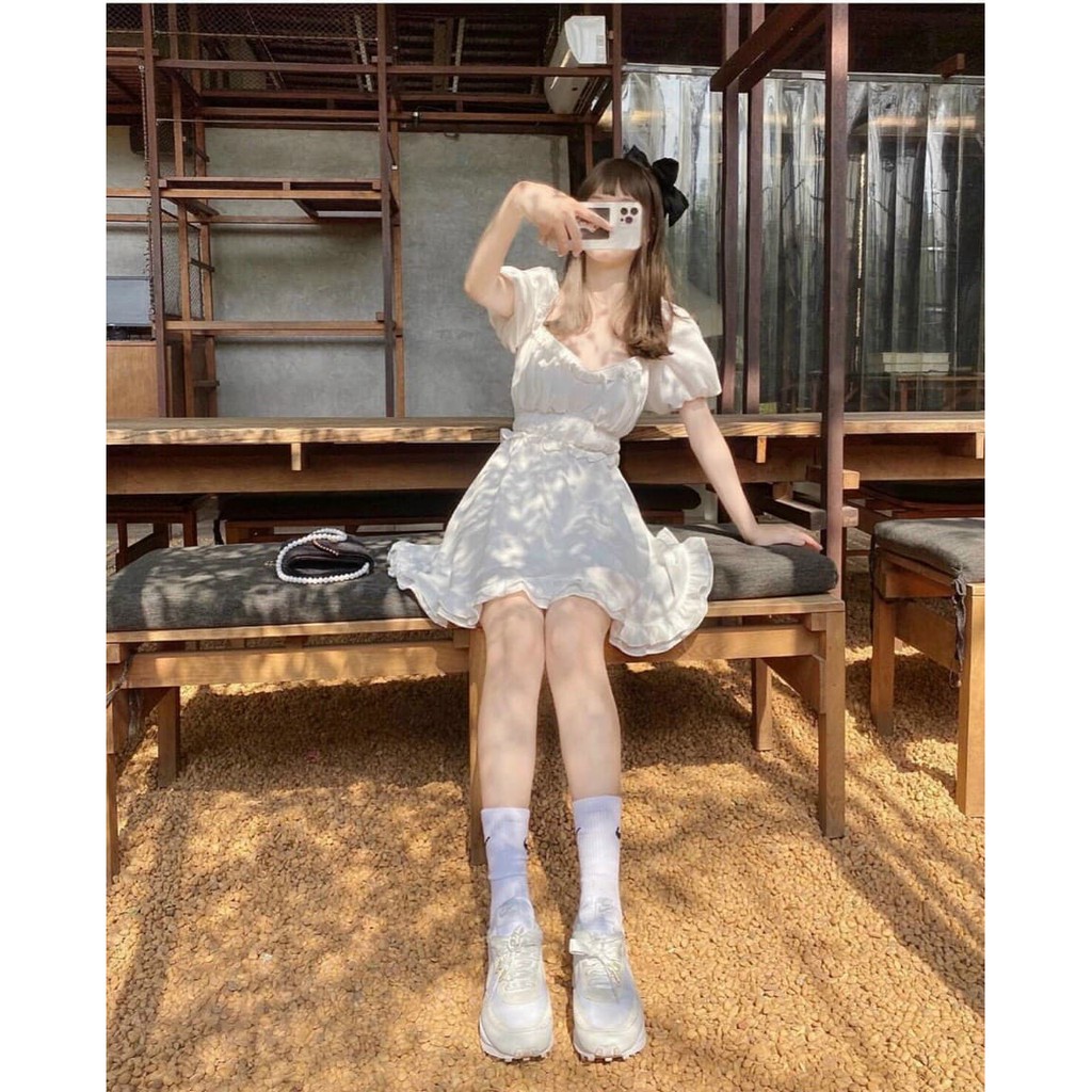 |SIÊU HOT|Đầm nữ trắng cổ tim viền bồng giá SIÊU RẺ | BigBuy360 - bigbuy360.vn