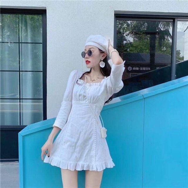 Đầm kiểu màu trắng tay dài Fillaa dress basic chất dày 2 lớp sau lưng bo chun thoải mái from chuẩn vải cotton theu