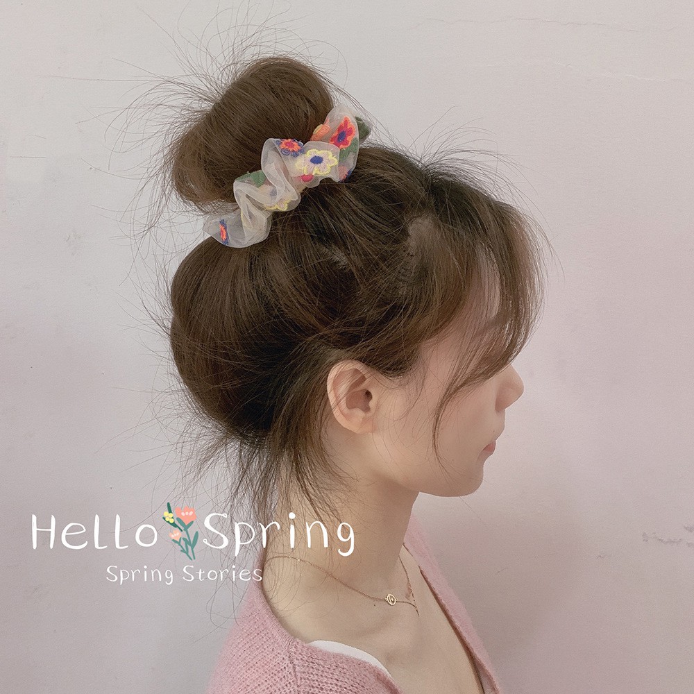 Cột Tóc Vải Scrunchie Voan Lưới Đính Hoa Thêu Nhiều Màu Dễ Thương