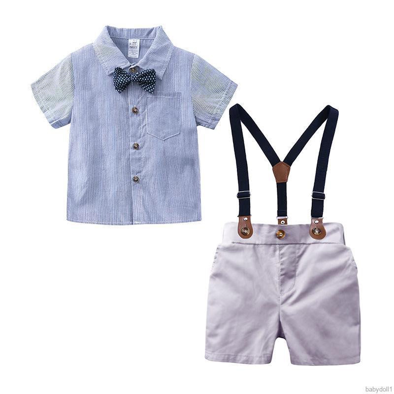 Set áo thun ngắn tay sọc vằn + Quần short yếm thời trang cho bé trai