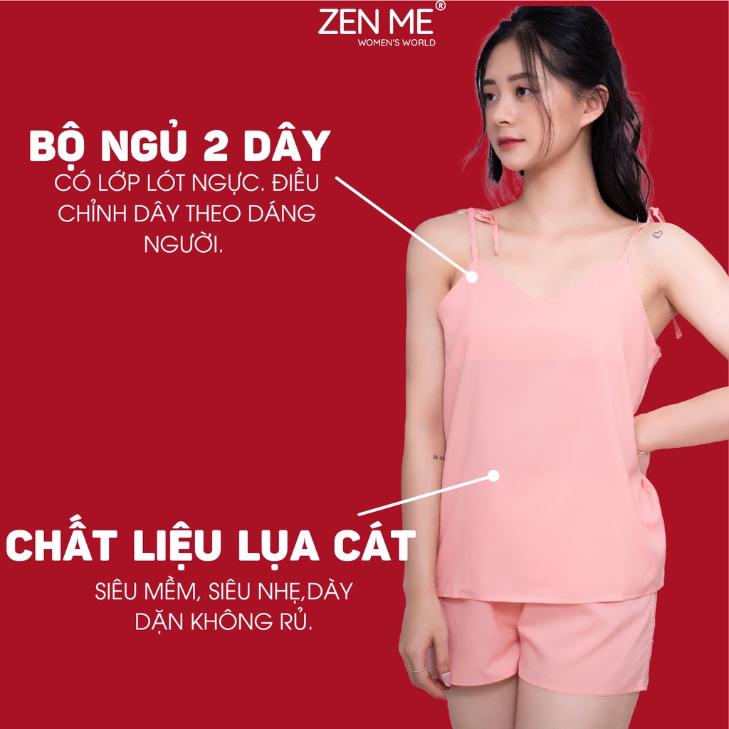 Bộ đồ ngủ Zen Me 2 dây buộc nơ họa tiết xinh xắn - lụa giấy nhẹ mịn