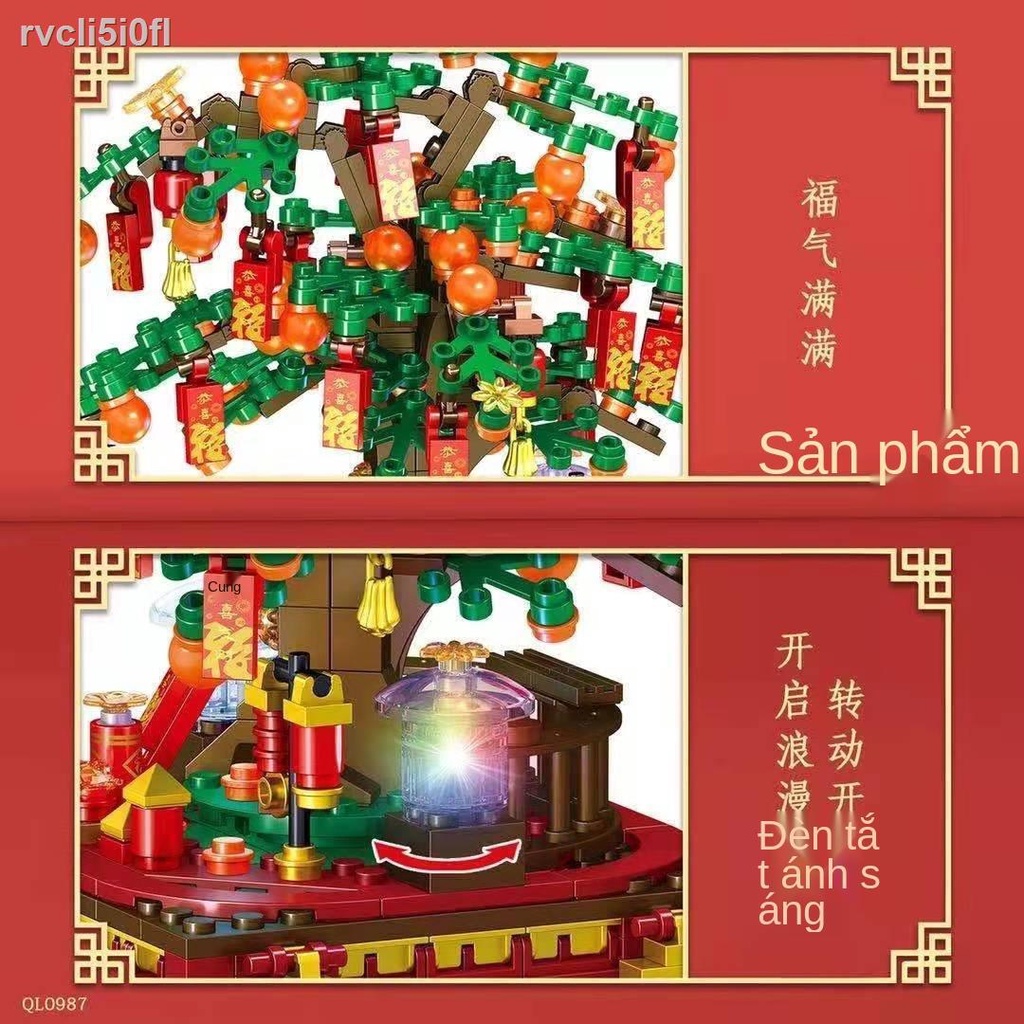✥Tết Trung Quốc Lễ hội mùa xuân Cây Fushu Chàng trai Cô gái Xếp hình Khối xây dựng Đồ chơi lắp ráp Đèn Tám hộp âm nhạc Q