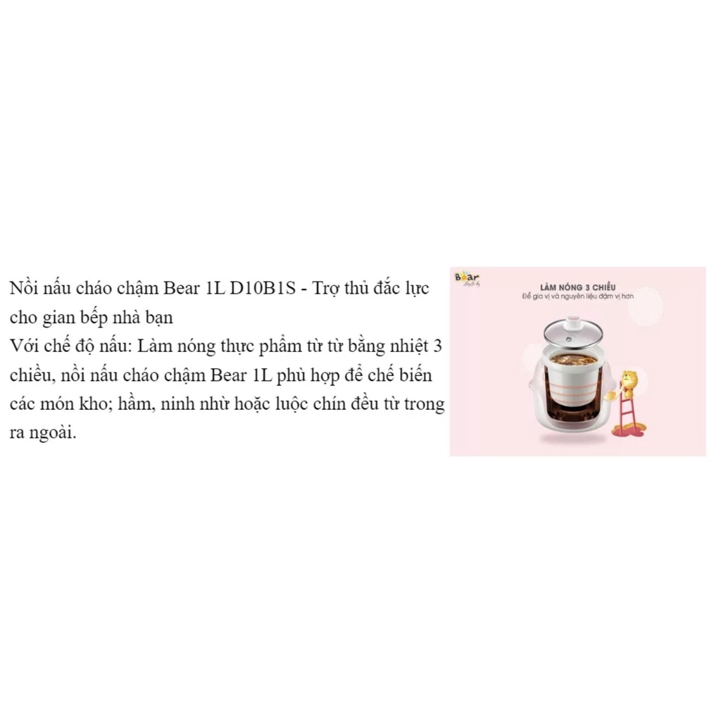 Nồi nấu chậm Bear 1l DDG-D10B1S hàng chính hãng