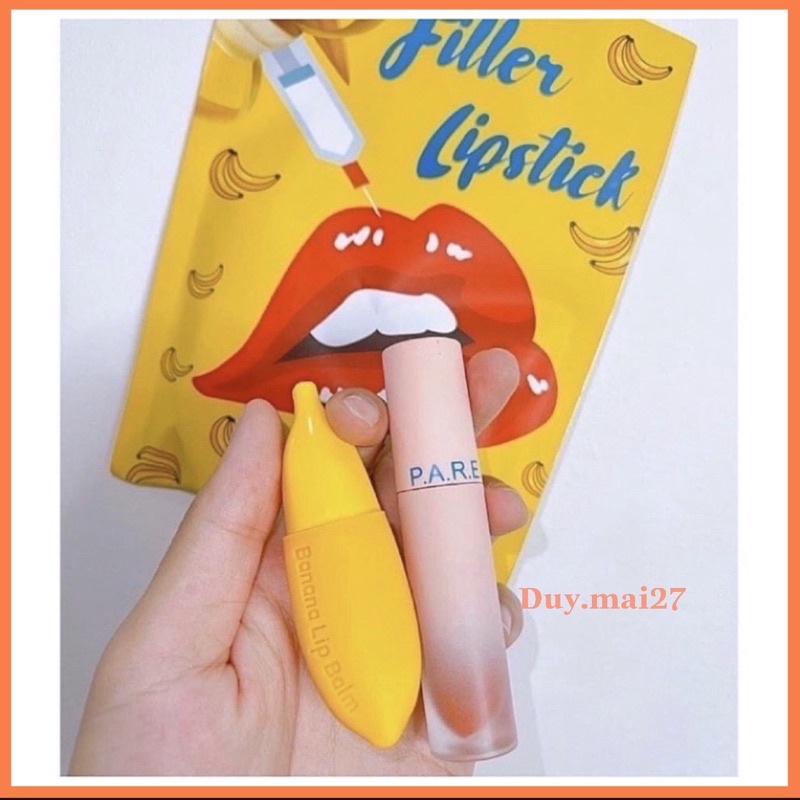 Son Filler Collagen Chuối Khử Thâm Parea cùng son màu Chu Lipstick, giúp môi căng mọng hồng hào