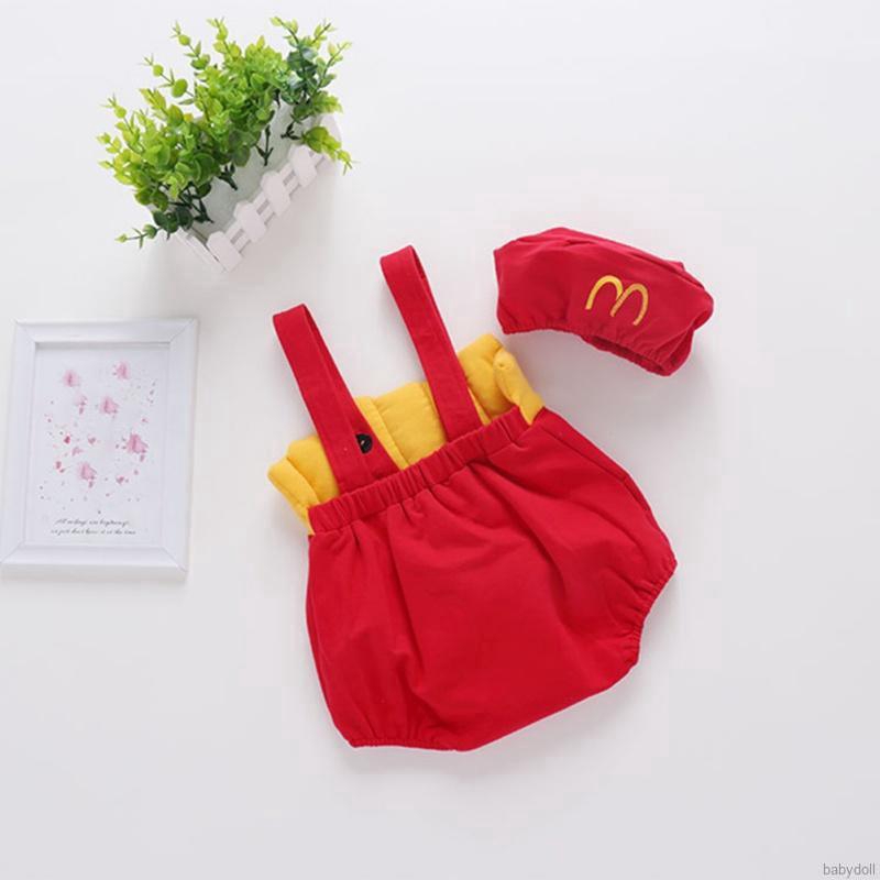 Baby Boys Girl Cute Sleeveless French Fries Covered Button Suspender Romper With Hat Baby Set