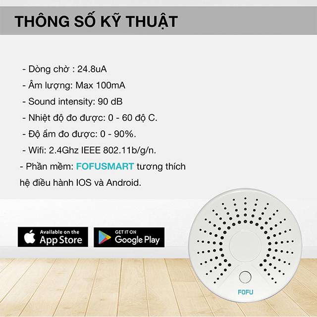 Thiết bị báo khói thông minh cảnh báo cháy báo khói, hỗ trợ IOS và Android, bảo hành 1 năm Smoke Sensor