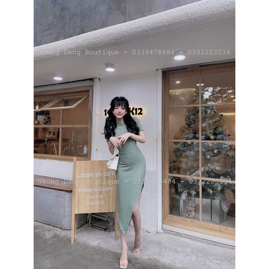 Đầm body cổ lọ 3p tay ngắn tà nhọn xẻ tà sexy MK50