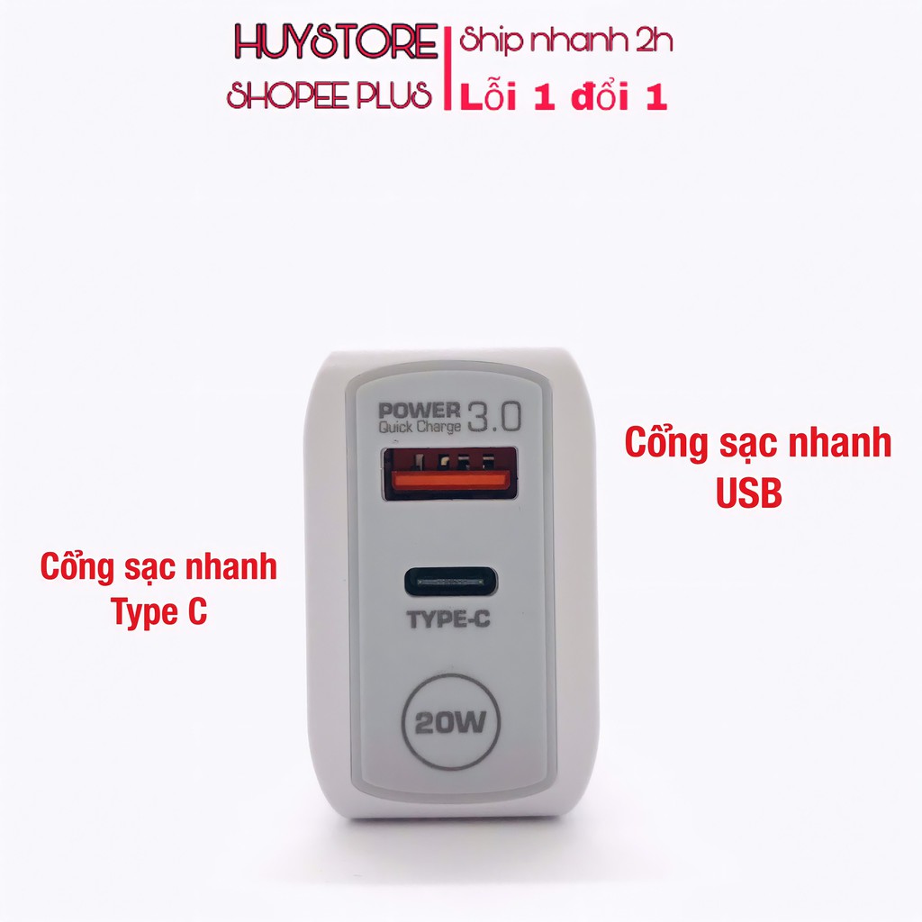 Củ sạc nhanh 2 cổng 20w Hapor, cục sạc nhanh type c - usb, chống cháy nổ - HuyStore