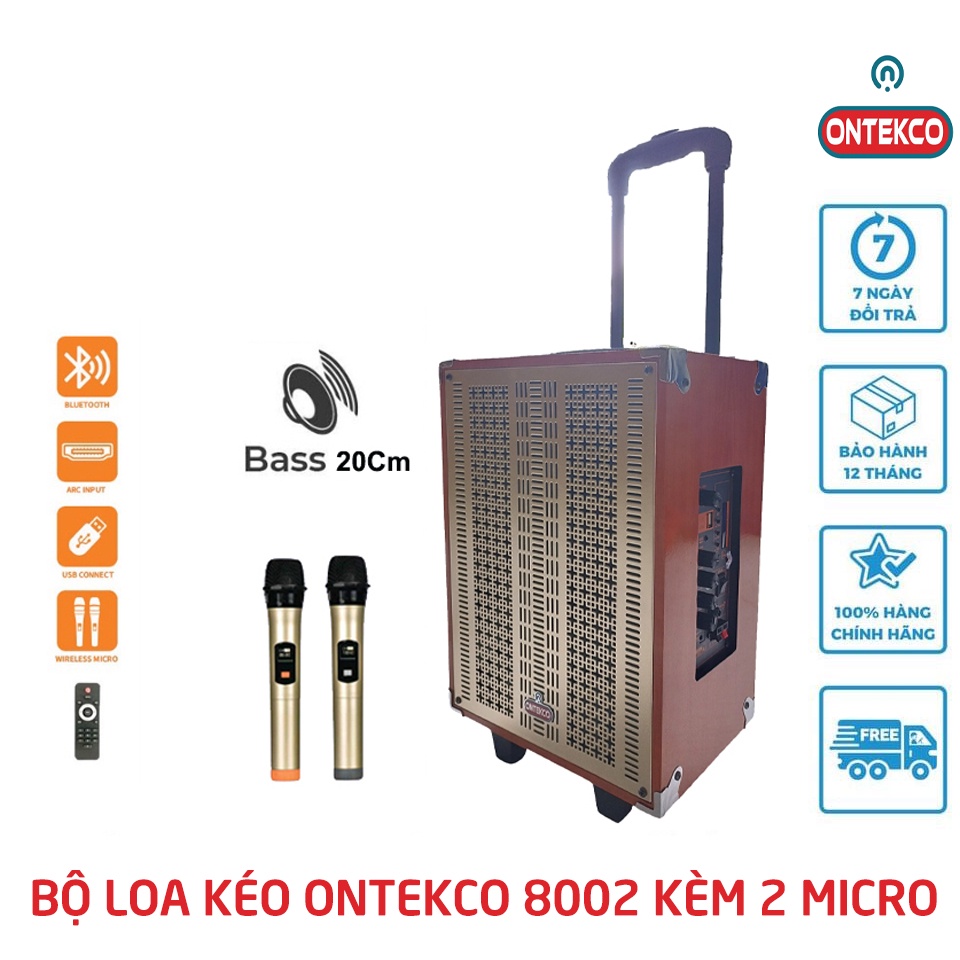 Loa kéo gỗ ONTEKCO 8002 kèm 2 micro không dây chuyên nghiệp, Bass 20 nhỏ gọn công xuất lớn [congnghecao_ontek]