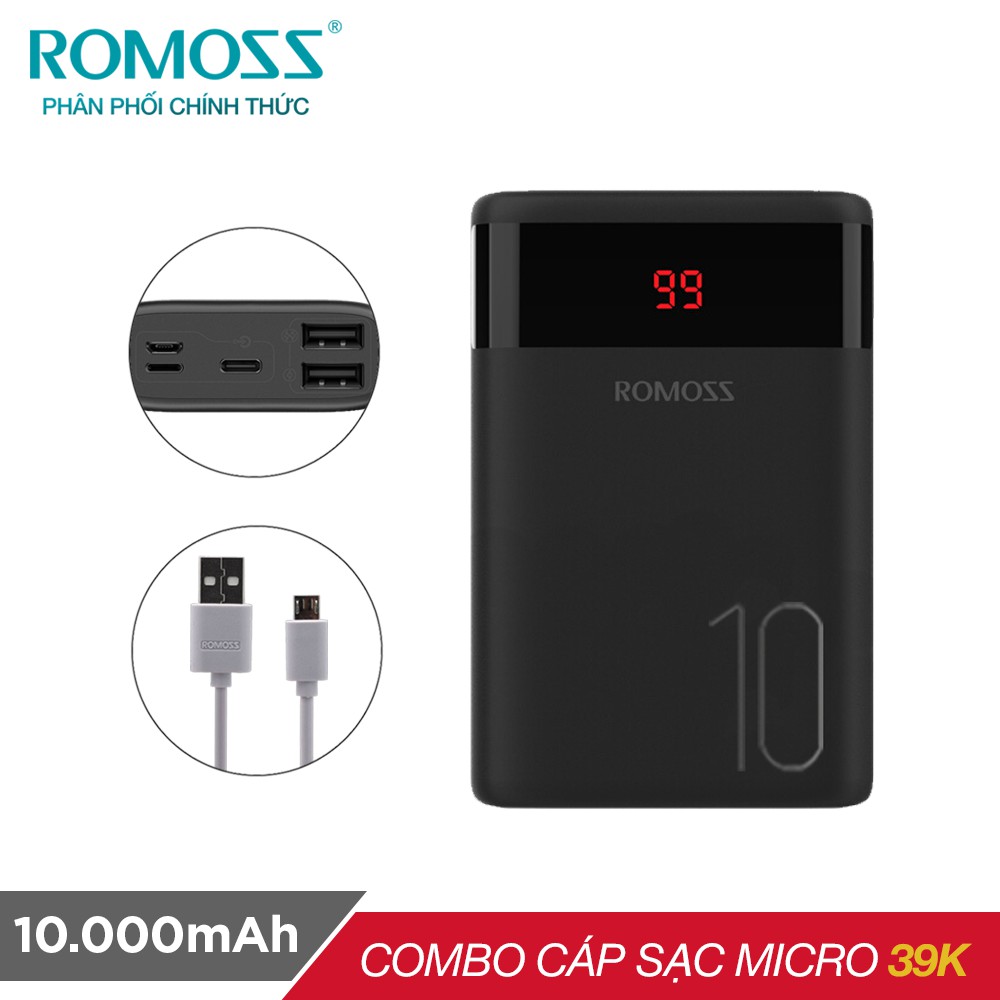 Pin sạc dự phòng Romoss Ares 10 10.000mAh tặng cáp micro USB tròn CB05 Romoss